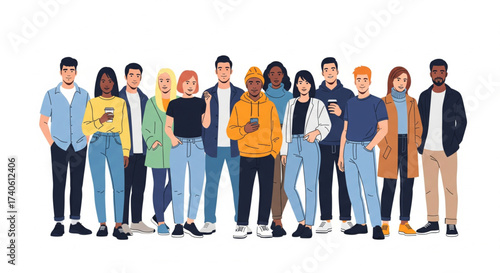 A diverse group of young adults standing together, holding phones, and looking forward with various expressions.