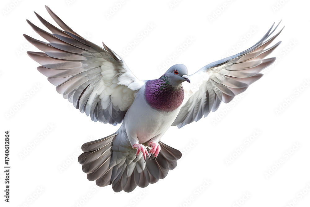 Naklejka premium A pigeon with its wings spread, isolated on transparent background, showcasing its feathers and unique coloration, creating a sense of freedom and grace