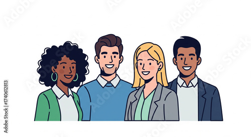 Four diverse professionals smiling and standing together in a friendly and collaborative manner.