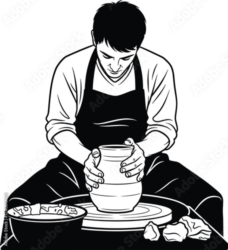 Man potter artisan crafting clay pot on a wheel, handmade ceramics workshop vector illustration