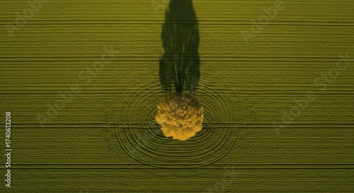 Aerial view of single tree casting long shadow on green field