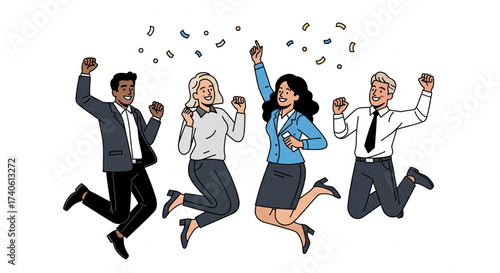 Four diverse colleagues jump for joy as confetti rains down, celebrating a success or achievement in a business setting.