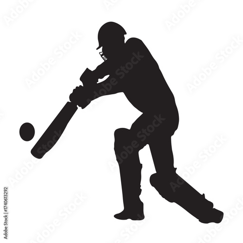 Cricket Players Silhouettes.Dynamic cricket batsman in action silhouette.