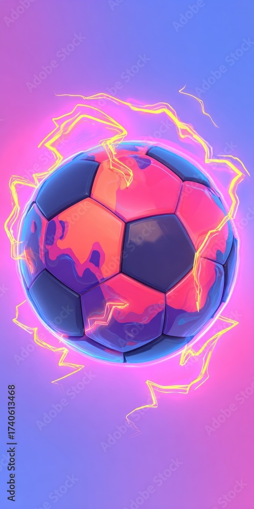 Fototapeta premium A stylized soccer ball, glowing with lava and electrical energy, on a gradient background