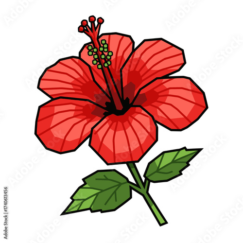 Illustration of a vibrant red hibiscus flower with green leaves on a white background