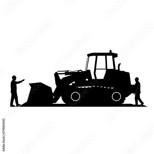 Silhouette of a bulldozer with two workers, a construction machine used for earthmoving and site preparation, isolated on a white background.