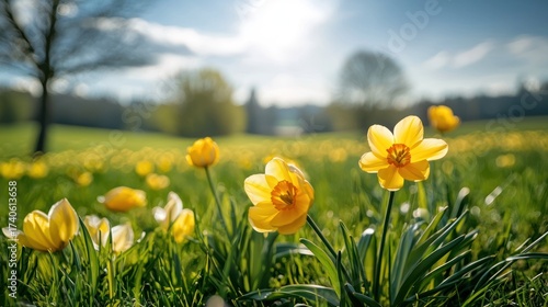 Yellow daffodils in a green field with a blurred background.