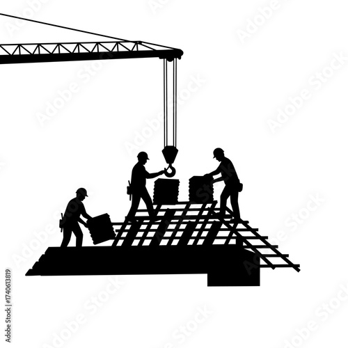 Silhouette of construction workers building a roof with a crane, emphasizing teamwork and the process of construction against a white background.