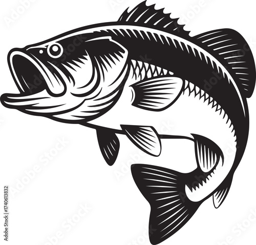 Leaping Largemouth Bass Black Silhouette Illustration