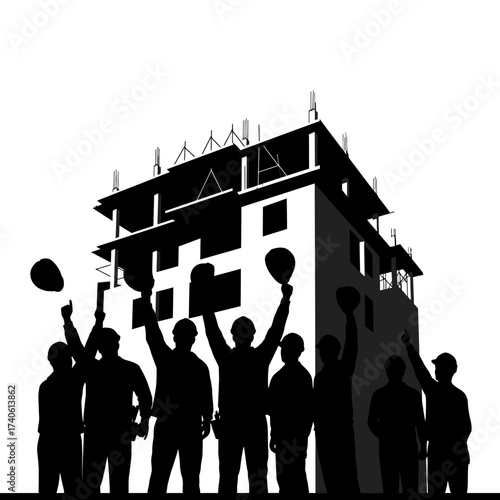 Silhouette of construction workers celebrating the completion of a building project with raised hands and hard hats against a white background.