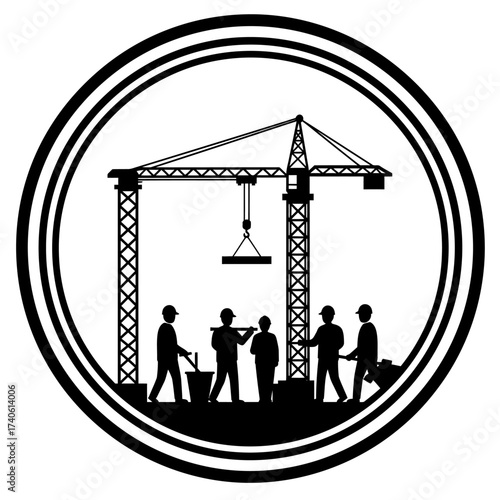 A construction site logo depicts a crane and workers, symbolizing building and teamwork within a circular frame, conveying industry and progress.