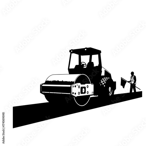 A black and white illustration depicts a road roller compacting asphalt on a freshly paved road, with a flagman overseeing the construction process.