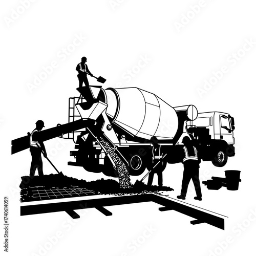 Illustration depicts construction workers pouring concrete from a cement mixer truck, creating a foundation for a new building structure.