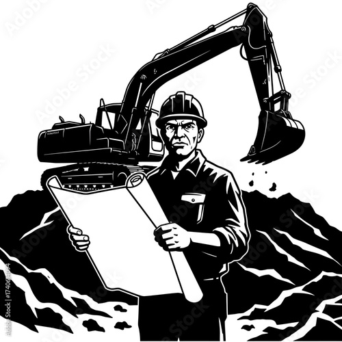 An engineer in a hard hat reviews blueprints with an excavator in the background, overseeing construction or a similar project.
