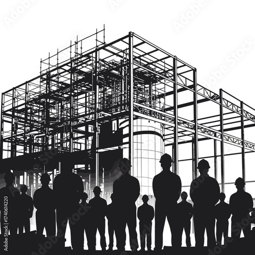 Silhouette of construction workers standing before a building's steel frame, showcasing teamwork and architectural progress.