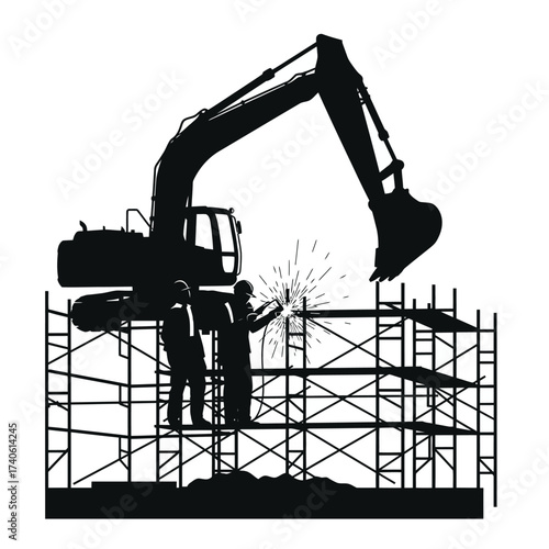 Silhouette of construction workers welding scaffolding with an excavator in the background, representing industry and labor.