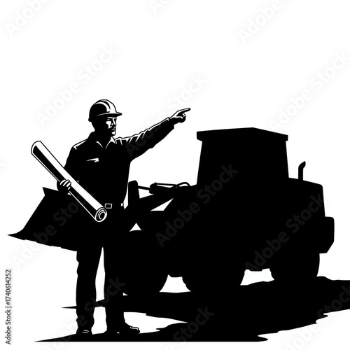 Silhouette of a construction worker in a hard hat pointing towards a bulldozer, holding blueprints, overseeing the project.
