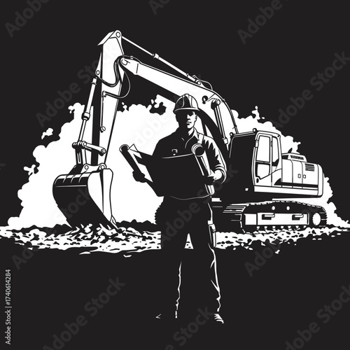 A construction worker in a hard hat reviews blueprints in front of a large excavator, ready for a new project.
