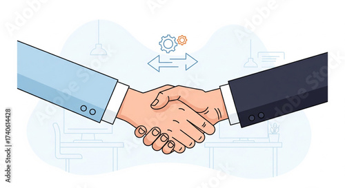 Two hands shaking in agreement, with gears and arrows symbolizing collaboration and partnership in a business setting.