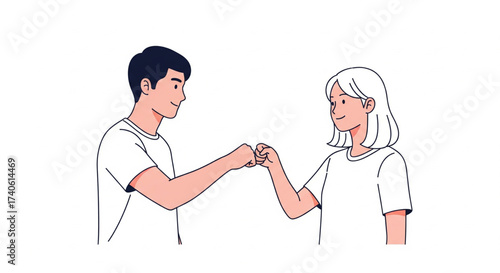 Two people fist bumping, smiling at each other in a friendly and supportive gesture.