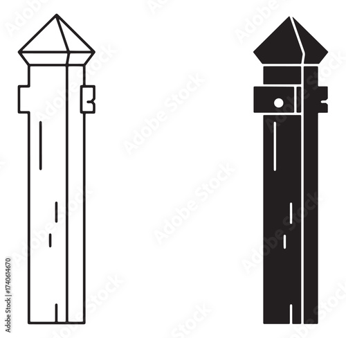 Artistic illustration featuring two minimalist pillar designs in black and white on a clean background