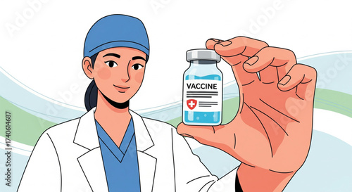 A healthcare professional holds a vial of vaccine, promoting immunization and medical care.