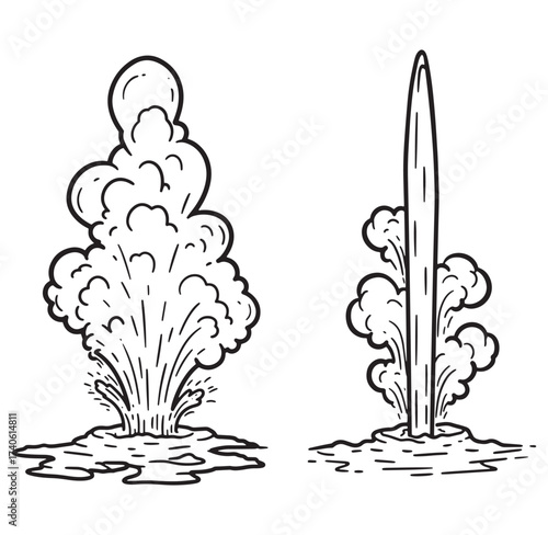 Black and white hand drawn cartoon illustrations of erupting water fountains and geysers.