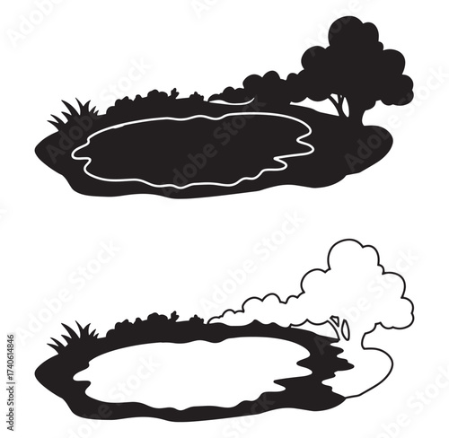 Black and white illustration of a pond surrounded by grass and trees in nature