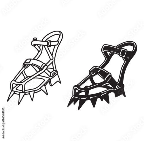 Black and white illustration of two crampons for climbing on ice and snow.