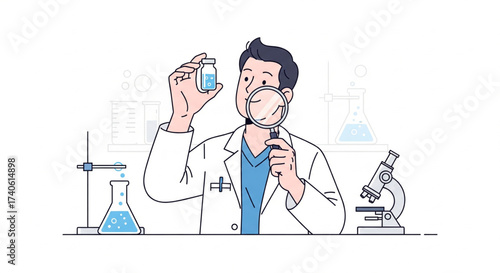 Scientist in lab coat examining a vial with a magnifying glass, surrounded by scientific equipment.