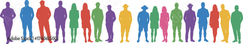 Colorful human silhouettes in row formation, abstract diversity illustration, inclusive community concept, symbolic unity and equality theme on white background