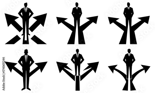 Silhouetted businessmen standing at crossroads with multiple arrow directions shown