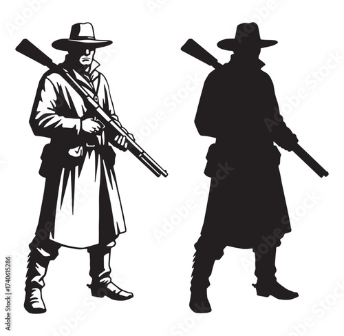 Cowboy sheriff in silhouette posing with a rifle representing the wild west and outlaws