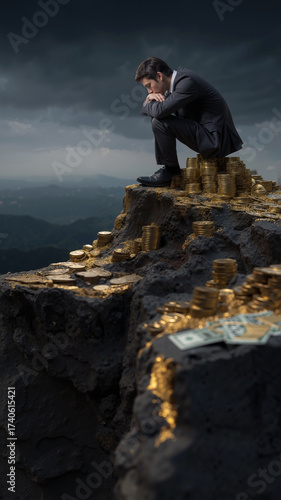 Slumped Business Magnate at the Peak of a Colossal Mountain of Gleaming Gold and Currency, Bleak Windswept Mountaintop, Despair, Solitude, and Cold, Harsh Lighting
