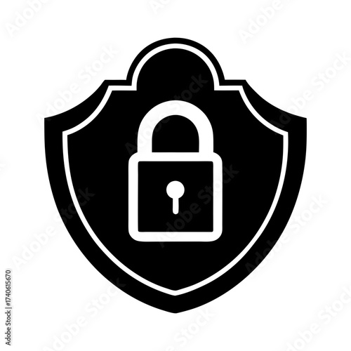 A black shield containing a white padlock with a keyhole in the center area