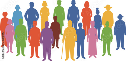 Colorful human silhouettes in rows silhouettes in rows, representing age, representing age, gender, and cultural, gender, and cultural diversity, abstract