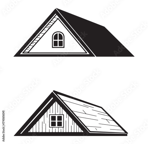 Illustration of two black and white house roofs with different window styles