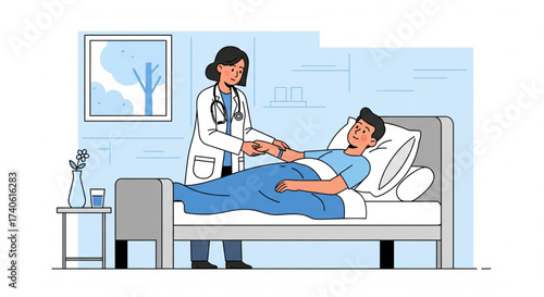 A doctor checks a patient's pulse in a hospital room, providing medical care.