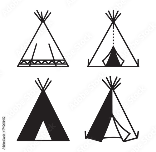 Simple black and white teepee illustrations with various styles for camping and adventure designs