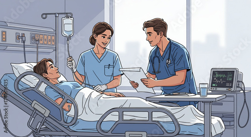 Two nurses attending to a patient in a hospital bed, monitoring vital signs and administering IV fluids.