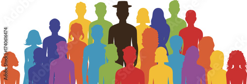 Colorful human silhouettes with central black figure, abstract diversity illustration, inclusive community concept, symbolic unity and leadership theme on white background