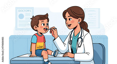A female doctor examines a young boy's throat with a tongue depressor in a medical office.