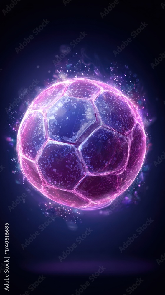 Naklejka premium A glowing soccer ball illustration with a neon purple and blue color palette against a dark background