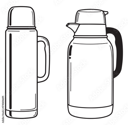 Two classic thermos flasks illustration in black and white outline for beverage storage
