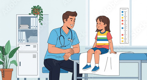 A doctor is talking to a young girl sitting on an examination table in a medical office.