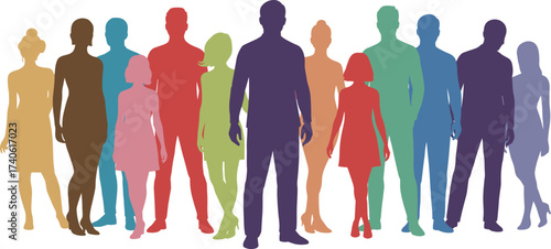 Diverse human silhouettes in colorful unity, inclusive community representation, abstract people shapes, equality concept, multicultural group illustration on white background