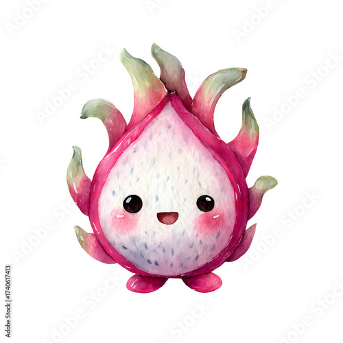 A charming cartoon dragon fruit character, rendered in a cute, kawaii watercolor style on black.
