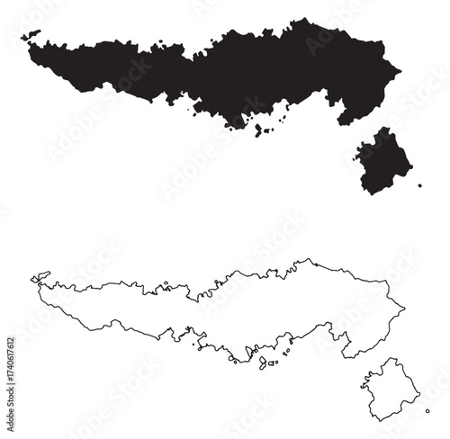 Vector outline and solid silhouette illustration of an undefined land mass on a white background