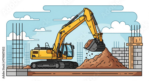 A yellow excavator digs into a pile of dirt at a construction site with rebar and concrete structures.