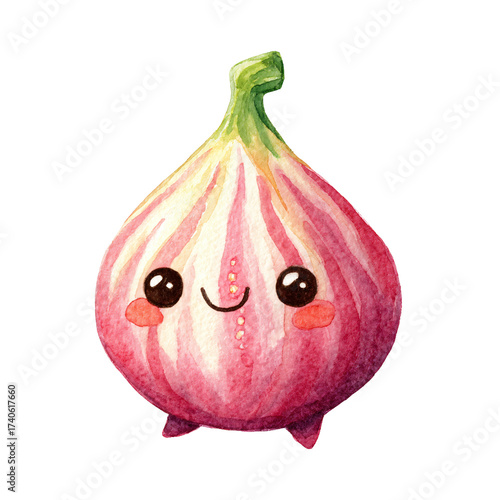 Adorable fig cartoon character with a sweet smile rendered in a watercolor style illustration